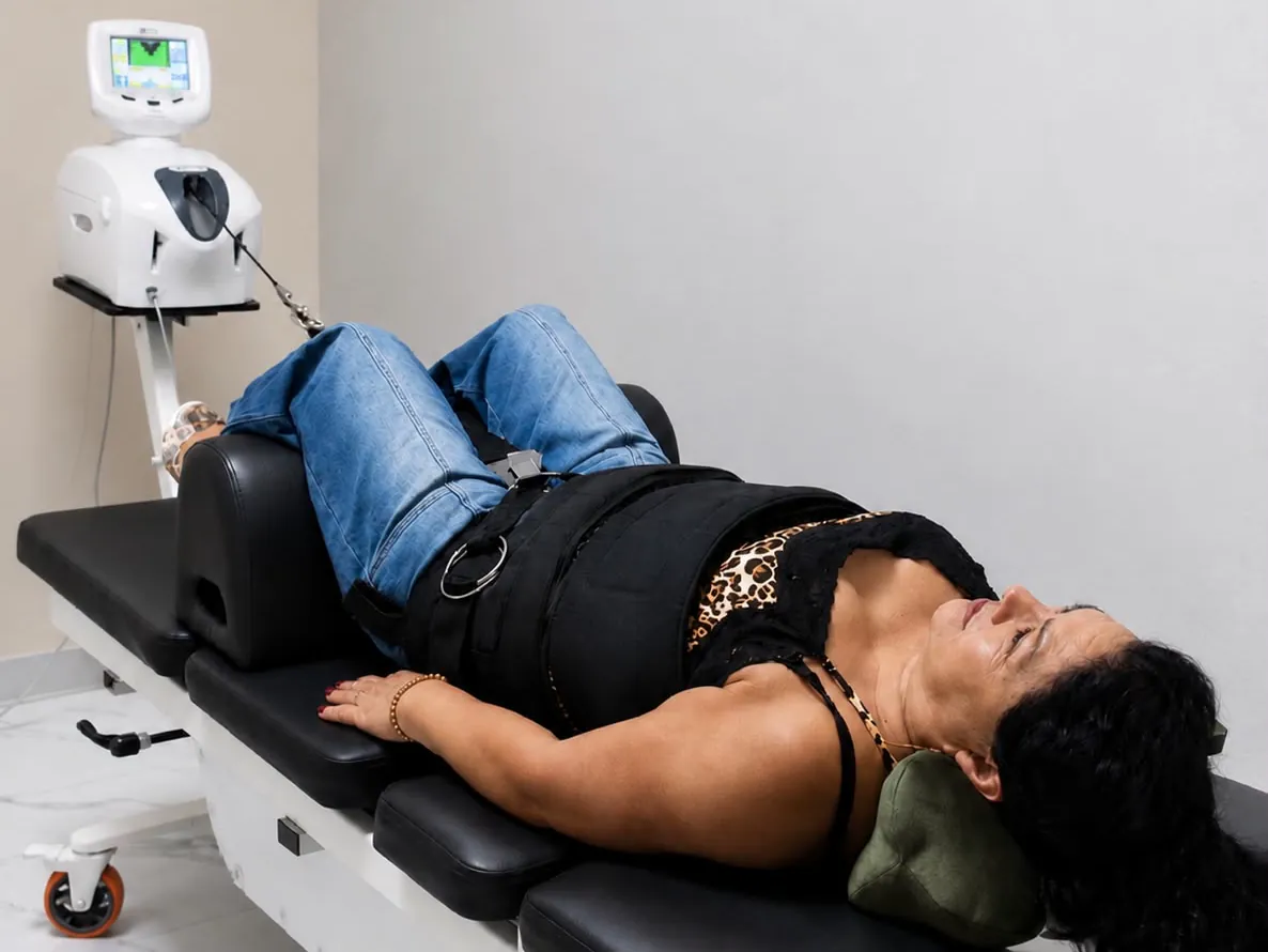 Sesión de descompresión lumbar en LIFE: el cinturón pélvico y el arnés torácico sujetos, con el brazo de tracción conectado