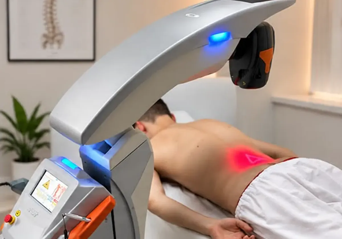 Sesión de láser robótico M8 sobre la zona lumbar de un paciente en LIFE Clínica de la Columna